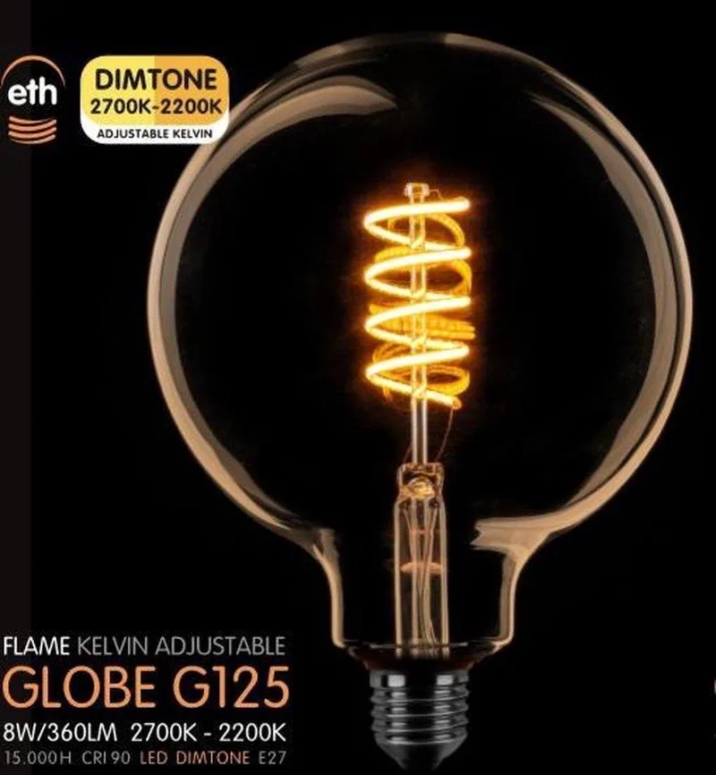 Led spiraal Globe 125mm E27 6W dimtone van 2700K naar 2200K Goud de ETH – photo produit