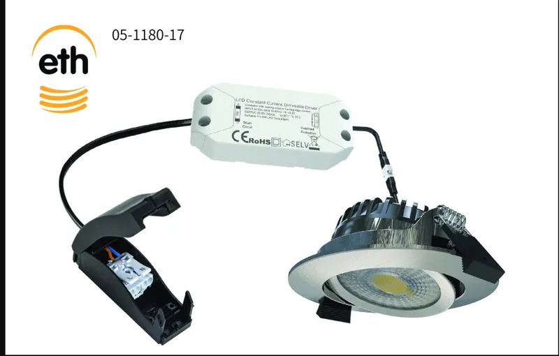 Ronin Led inbouwspot staal 6w 600Lm DTW 2000l-3000k 60gr. IP44 + ext.driver dimbaar 82x27mm zaag 68mm de ETH en Argent – photo produit