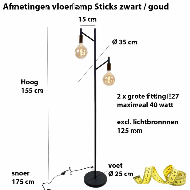 Vloerlamp | 35 cm | sticks | 2 lichts | E27 | goud zwart | metaal | moderne sfeerverlichting van ETH – productfoto 3 van 3
