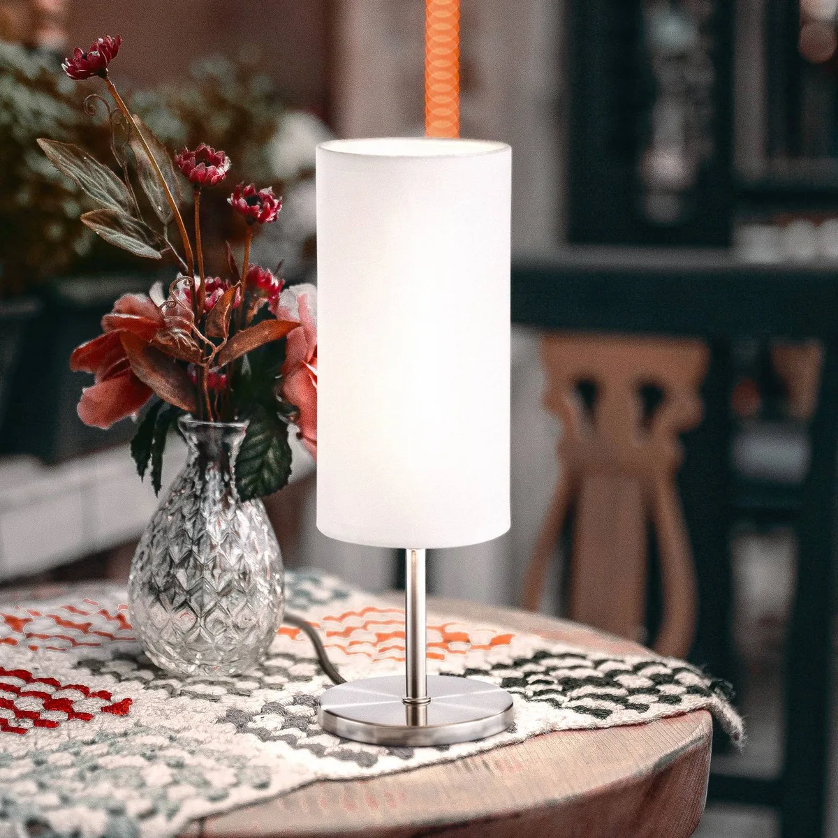 Tafellamp Kira, stoffen kap, nikkel/wit de FH Lighting en Nikkel, Blanc – photo produit