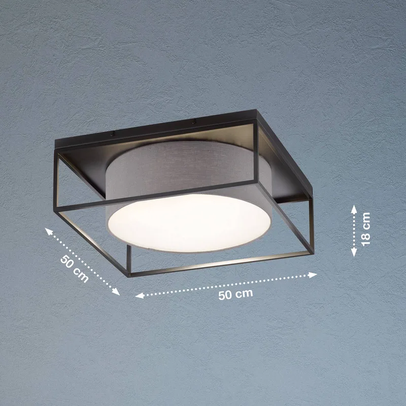 Carre plafondlamp 50x50cm stoffen kap grijs från Fischer & Honsel i Svart, Grå – produktbild