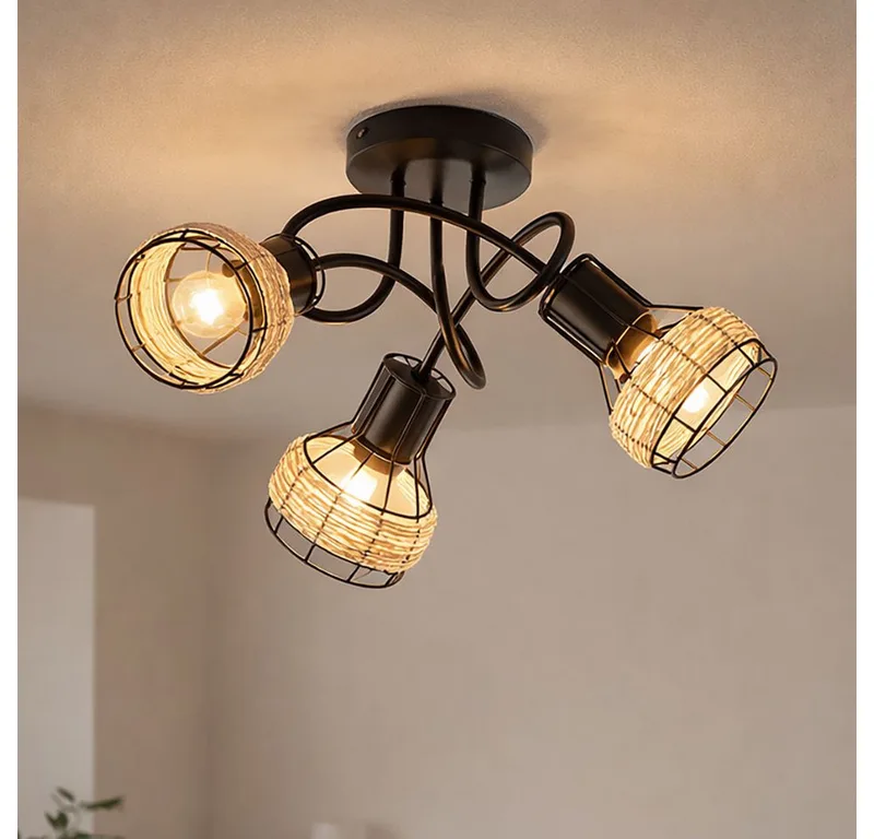 Deckenleuchte, Leuchtmittel nicht inklusive, Deckenstrahler Deckenleuchte Spotlampe schwenkbar Rattan Gitter van Fischer & Honsel in Zwart – productfoto