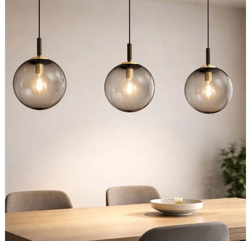 Hängeleuchte, Leuchtmittel nicht inklusive, Hängeleuchte Esszimmerlampe Metall Glas rauchfarben 3 Flammig H 140 cm de Fischer & Honsel – photo produit