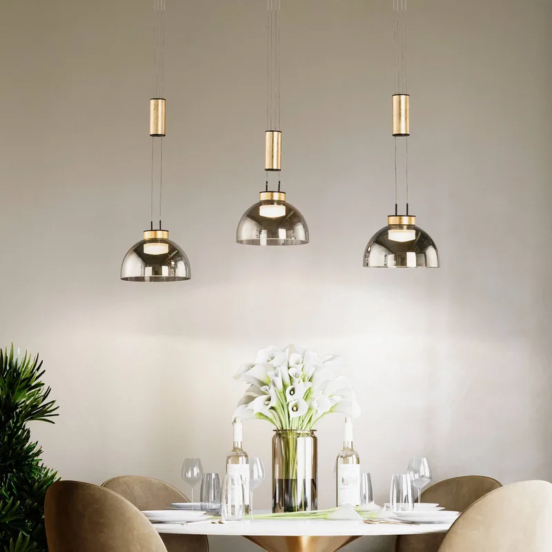 Hanglamp Avignon 3-lamps rookglas/zwart/goud van Fischer & Honsel in Rookgrijs-transparant, Zwart, Bladgoud – productfoto