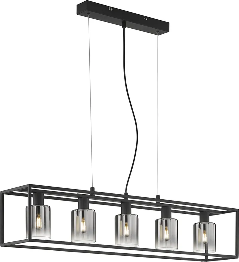 Hanglamp Iska - 5x E14 (excl.) - lengte 95 cm - In hoogte verstelbaar - Metalen frame - Rookkleurig glas van Fischer & Honsel in Zwart – productfoto