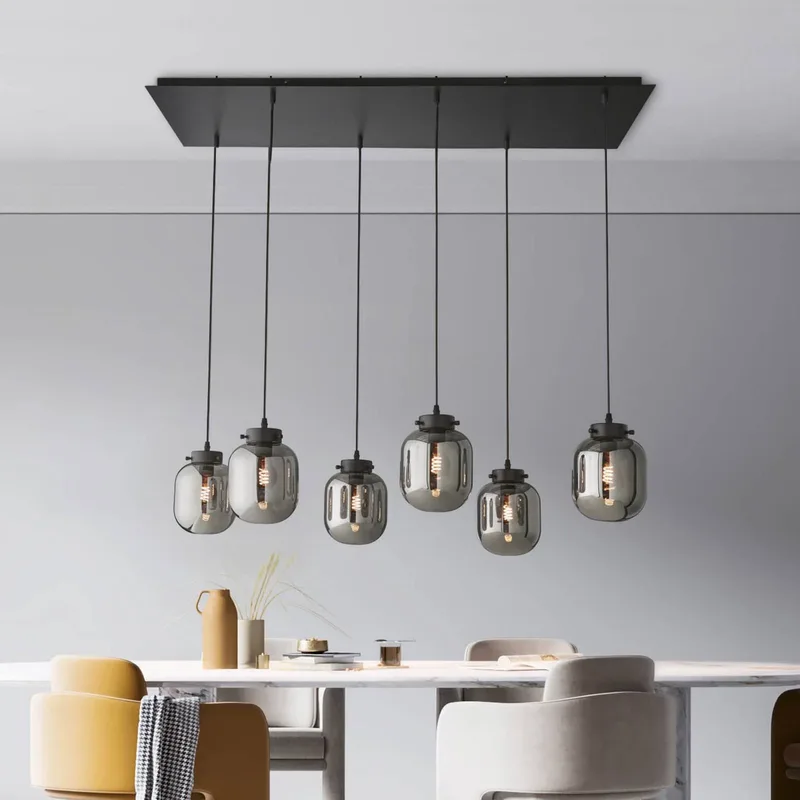 Hanglamp Regi van glas, rookgrijs, 6-lamps van Fischer & Honsel in Zwart, Rookgrijs – productfoto
