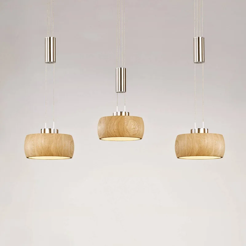 LED hanglamp Shine-Wood, eiken/nikkel, lengte 100 cm 3-lamps. fra Fischer & Honsel i Eiken naturel geolied, Mat nikkel, Krom – produktbillede