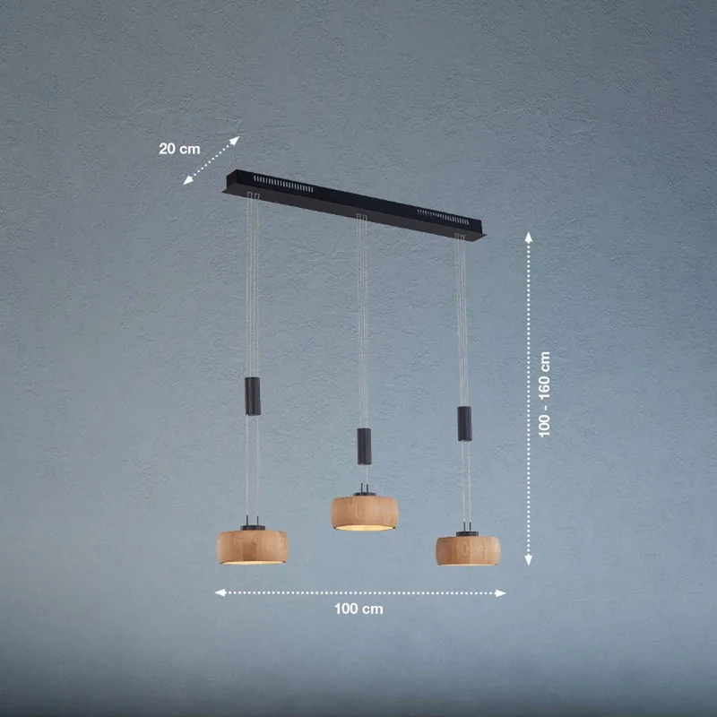 LED-hængelampe Shine-Wood, eg/sort Længde 100 cm 3 lyskilder. fra Fischer & Honsel i Eiken naturel geolied, Zwart mat – produktbillede