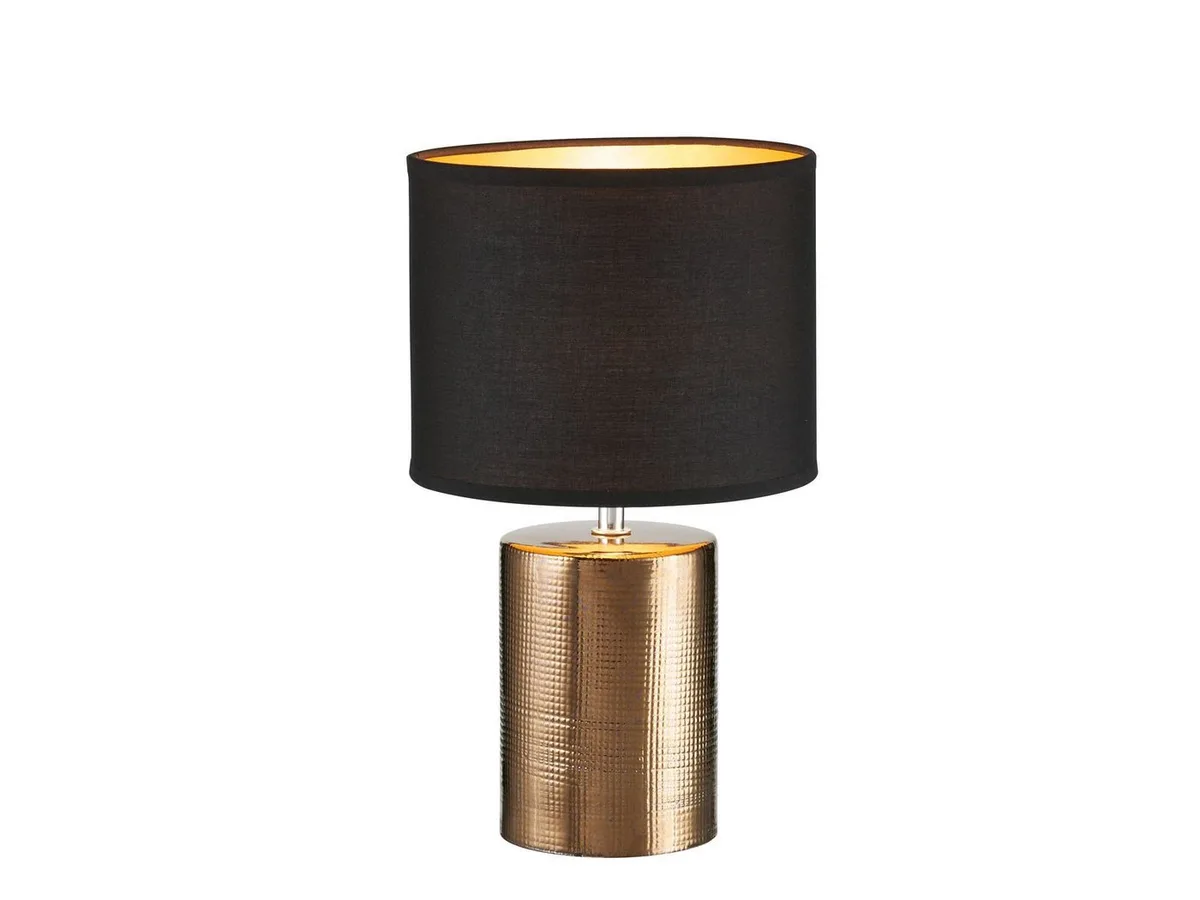 LED Nachttischlampe, Dimmfunktion, LED wechselbar, Warmweiß, Lampenfuß Keramik Bronze-Farben, Lampenschirm Stoff Gold, 35cm von Fischer & Honsel in Schwarz – Produktfoto