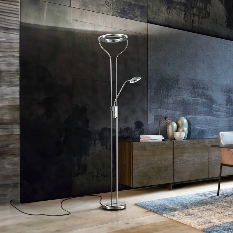 LED vloerlamp Davos, nikkelkleurig, hoogte 180 cm, 2-lamps, CCT från Fischer & Honsel i Nikkelkleurig mat – produktbild