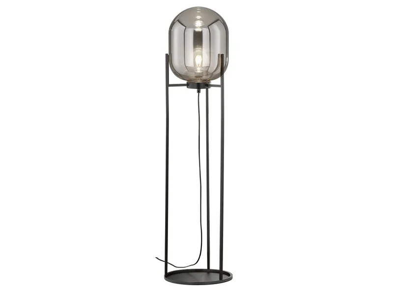 Stehlampe mit Rauchglas Lampenschirm, Höhe 110cm, ohne Leuchtmittel, klein-e Industrial Bodenlampe mit Metallfuß, Glas-Kugel Stehleuchte fra Fischer & Honsel i Sort – produktbillede