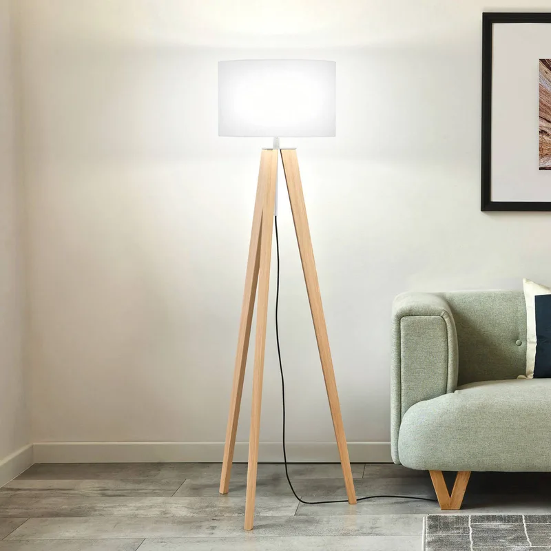 Vloerlamp SHINE-WOOD, wit/nikkel/eiken, hoogte 164 cm 3 x E27 från Fischer & Honsel i Vit, Eiken, Nikkel – produktbild