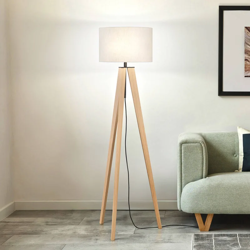 Stehlampe SHINE-WOOD, sand/schwarz/eiche Höhe 164 cm 3 x E27 von Fischer & Honsel in Creme, Eiken, Schwarz – Produktfoto