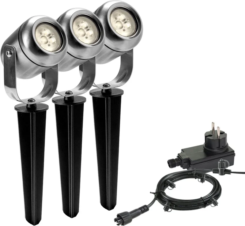 LED Tuinverlichting set Jard van 3 Stuks - 8 meter - Warm Wit Licht - 12V Grondspots voor buiten met Stekker - IP44 Waterbestendig - Tuin Verlichting op Stroom 12 Volt - incl. trafo, kabel en schuifaansluiting - Buitenverlichting van Garden Lights in Zilvergrijs – productfoto