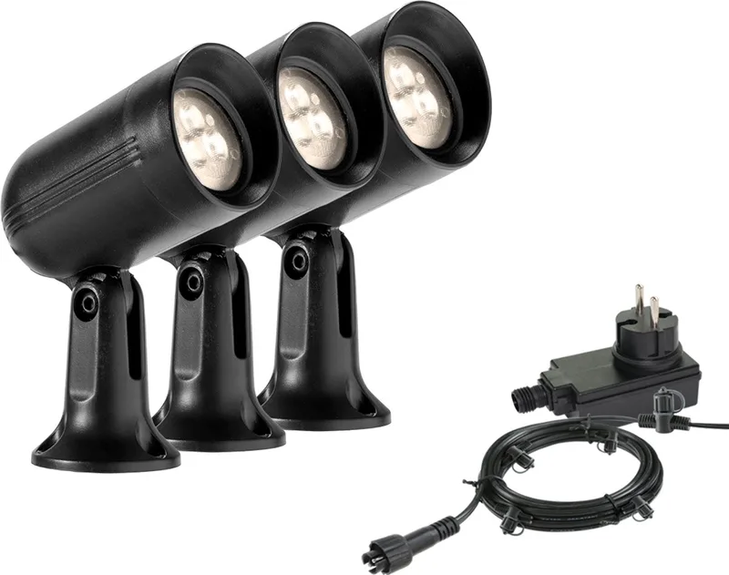 LED Tuinverlichting set Xiro van 3 Stuks - 8 meter - Warm Wit Licht - 12V Grondspots voor buiten met Stekker - IP44 Waterbestendig - Tuin Verlichting op Stroom 12 Volt - incl. trafo, kabel en schuifaansluiting - Buitenverlichting fra Garden Lights i Sort – produktbillede