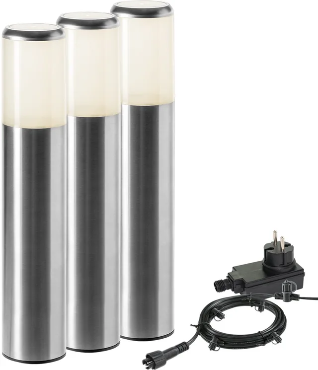 Xelloo® Novu LED Tuinverlichting set van 3 stuks - 8 meter - Warm Wit Licht - 12V Grondspots voor buiten met Stekker - IP44 Waterbestendig - RVS Tuin Verlichting op Stroom 12 Volt - Inclusief trafo, kabel en schuifsysteem - Padverlichting