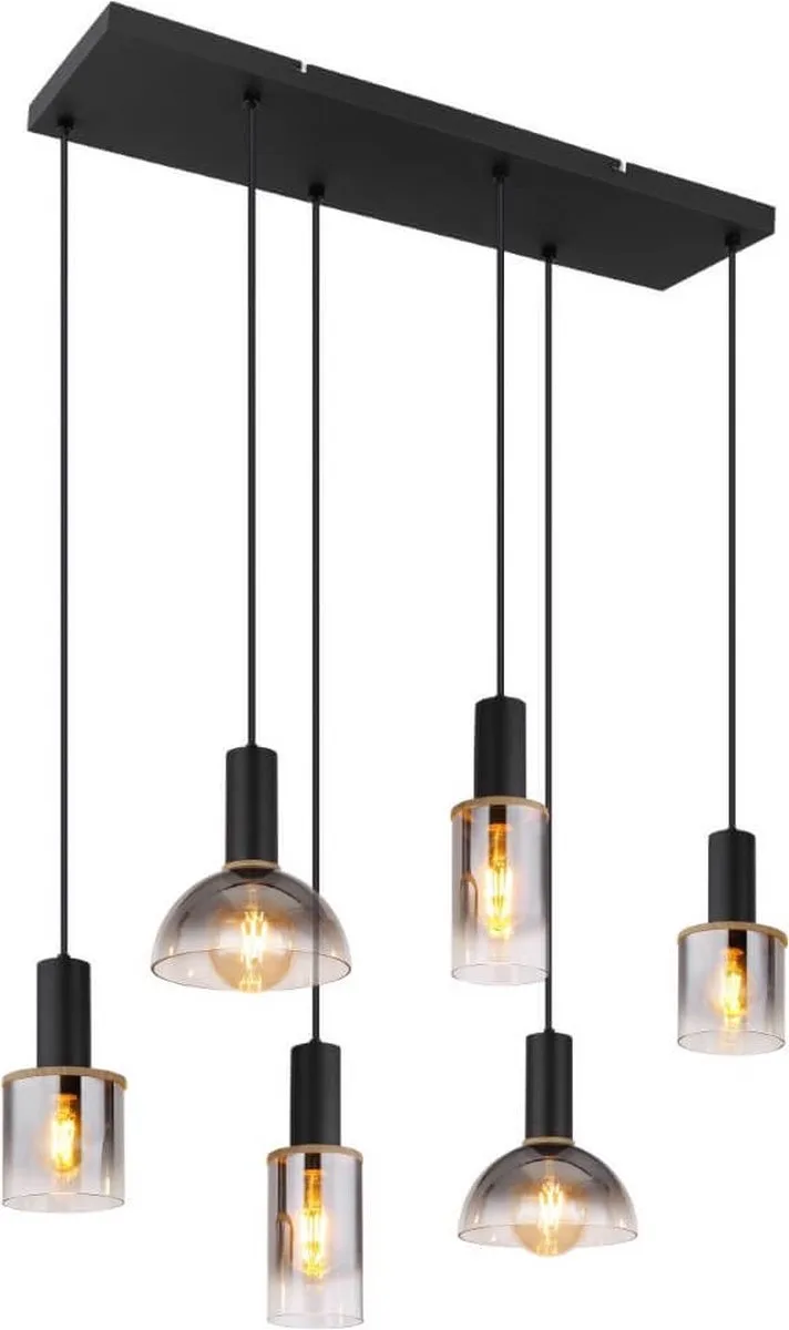 6-lichts hanglamp Classis zwart met hout - 15551-6H de Globo en Bruin Zwart – photo produit