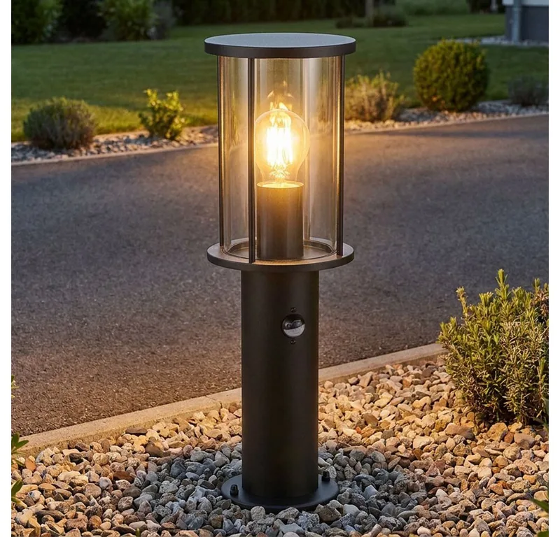 Außen-Stehlampe, Leuchtmittel nicht inklusive, Außen Stehleuchte Gartenlampe Edelstahl Glas rauch Sensor H 45 cm von Globo in Schwarz – Produktfoto