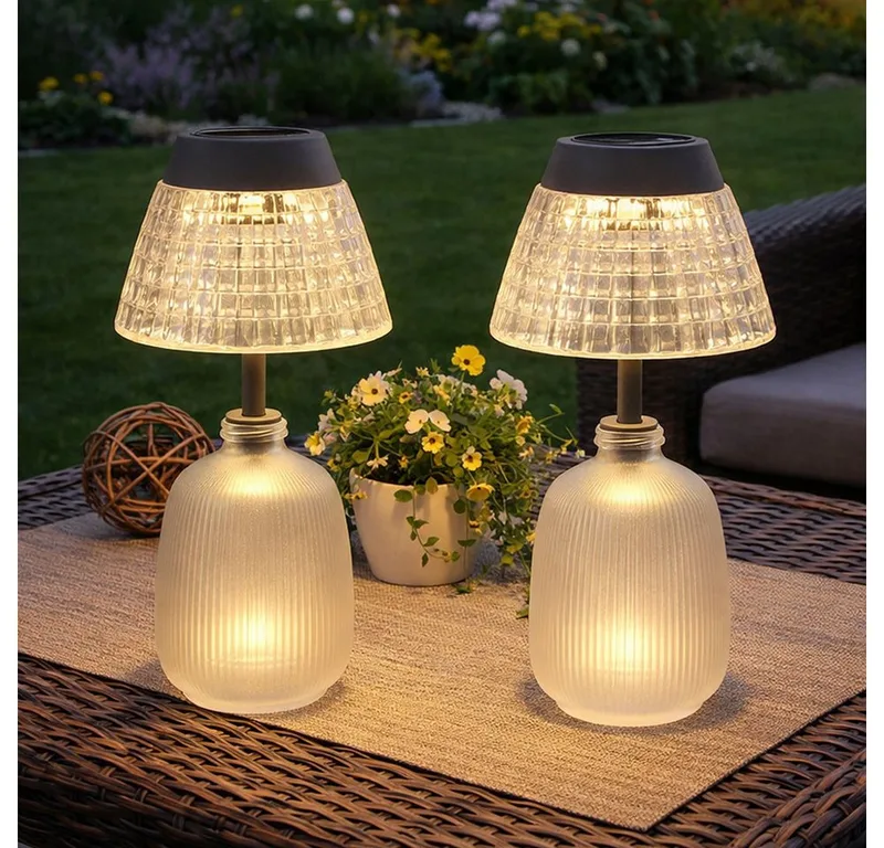 Außen-Tischleuchte, Leuchtmittel nicht inklusive, Warmweiß, Solarleuchte Tischlampe Tischleuchte Gartenlampe Akku Glas 2x von Globo in Weiß – Produktfoto