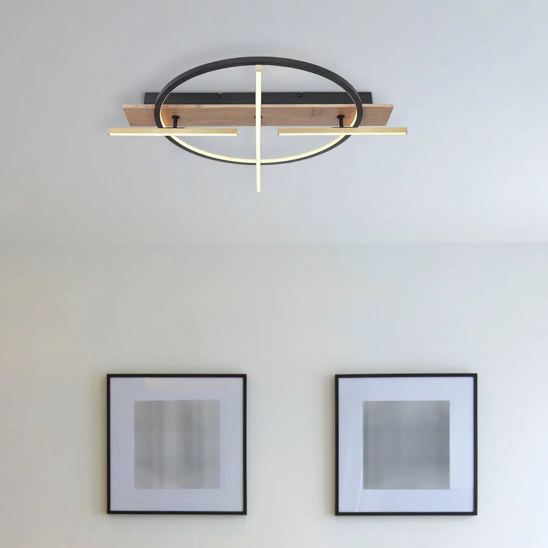 Beatrix LED plafondlamp, lengte 44 cm, hout/zwart von Globo in Donker hout, Mat zwart, Messing – Produktfoto