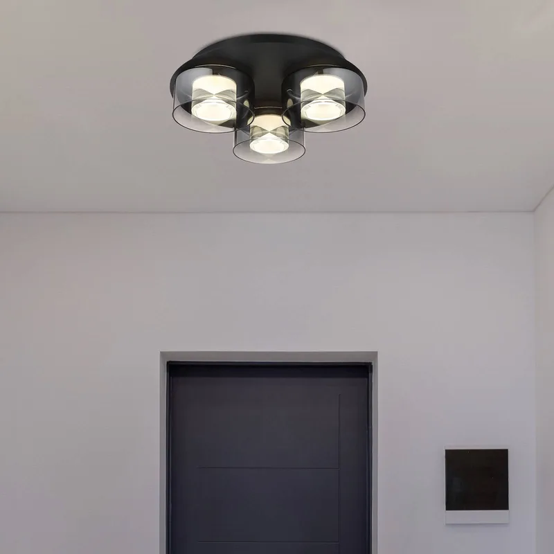 Belinda LED plafondlamp, Ø 38 cm, rookgrijs, 3-lamps, glas de Globo en Rookgrijs, Transparent, Noir – photo produit