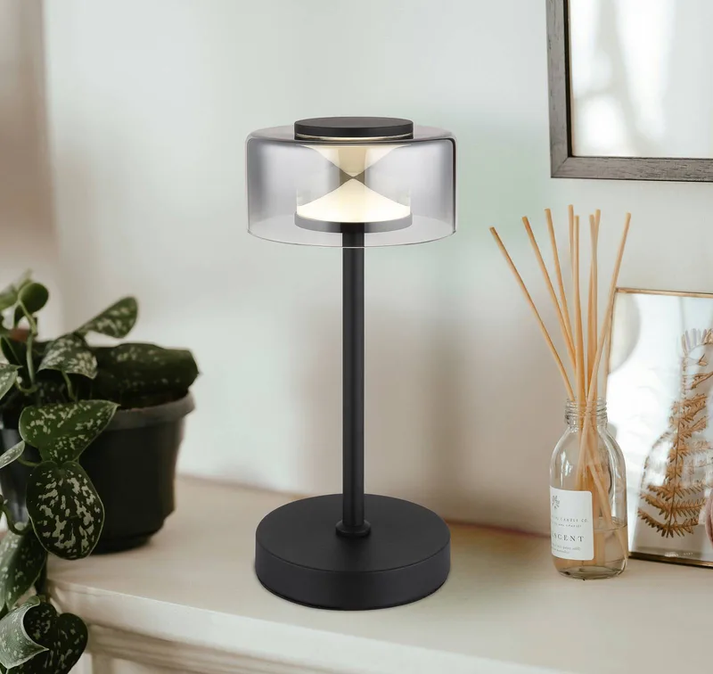 Belinda LED tafellamp, rookgrijs, hoogte 33 cm, metaal de Globo en Rookgrijs, Transparent, Noir – photo produit