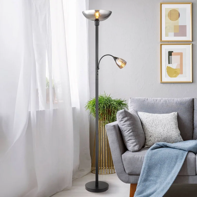 Blade vloerlamp, hoogte 178 cm, zwart/rookkleurig, 2-lamps. de Globo en Matzwart, Rookgrijs-transparant – photo produit