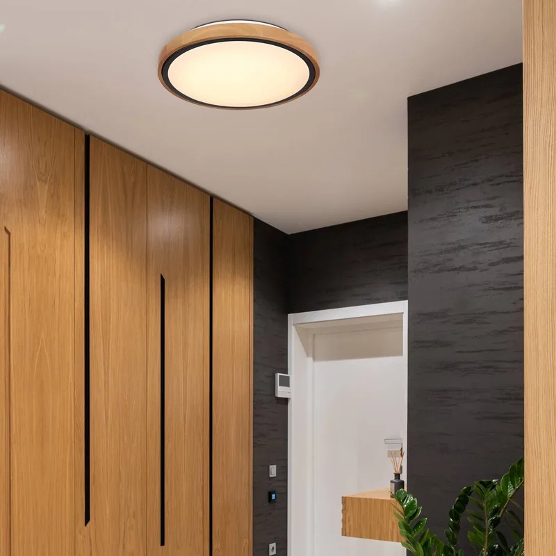 Bruno LED plafondlamp met houten frame CCT Ø 30 cm by Globo in Licht hout, White, Black – product photo