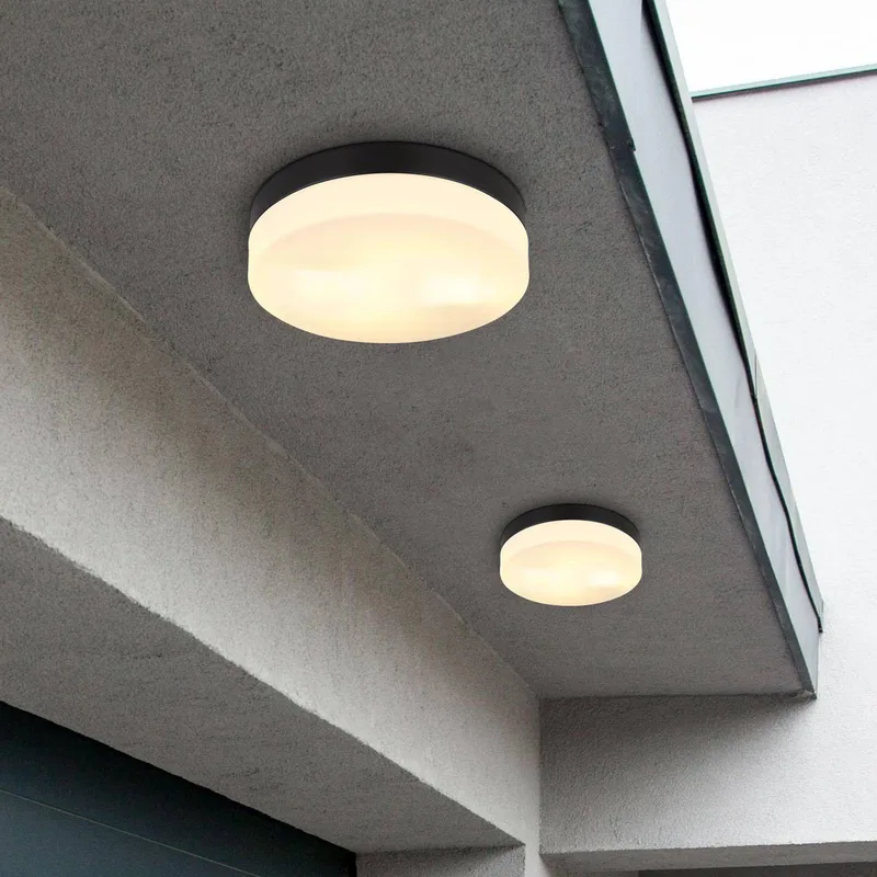 Buiten plafondlamp Vranos, mat zwart, Ø 24 cm, aluminium von Globo in Matzwart, Opaal – Produktfoto