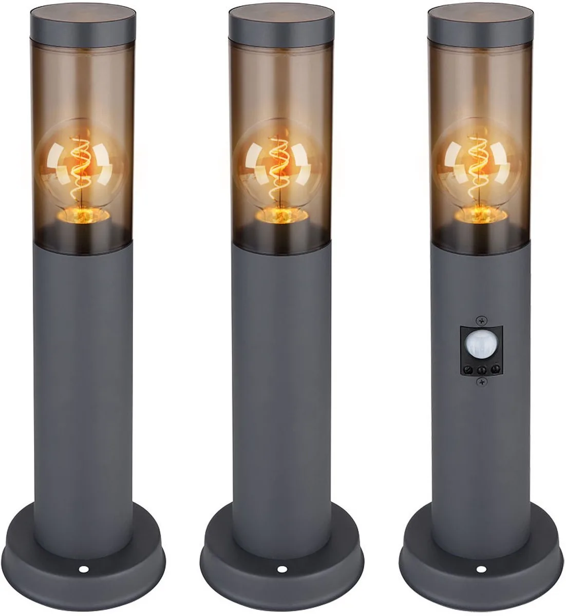 Buiten staande lamp met bewegingsmelder Meerpaallamp Buiten staande lamp Tuinlampen IP44, roestvrij staal smoke-kleurig, 1x E27 fitting, DxH 7,6x45cm, set van 3 de Globo en Anthracite – photo produit