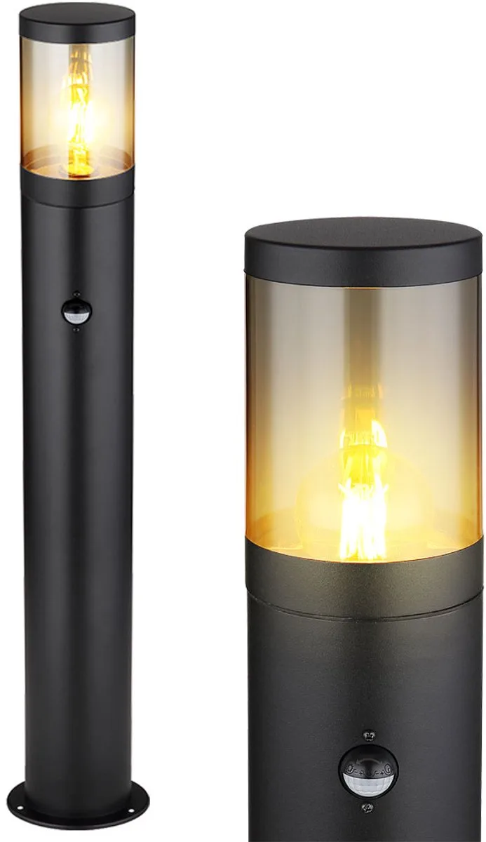 Buiten staande lamp tuinlamp padlamp met bewegingsmelder tuinlamp bewegingsmelder, roestvrij staal black smoke, 1x E27 gloeidraad LED, DxH 14x80 cm de Globo en Noir – photo produit