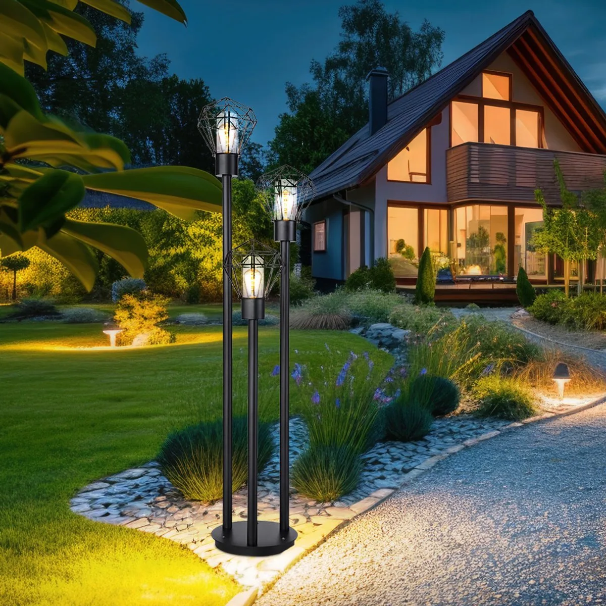 Buiten vloerlamp Padlamp Retro raster Vloerlamp 3 vlammen, roestvrij staal metaal doorzichtig plastic, 3x E27, LxH 44x2x170 cm von Globo in Schwarz – Produktfoto
