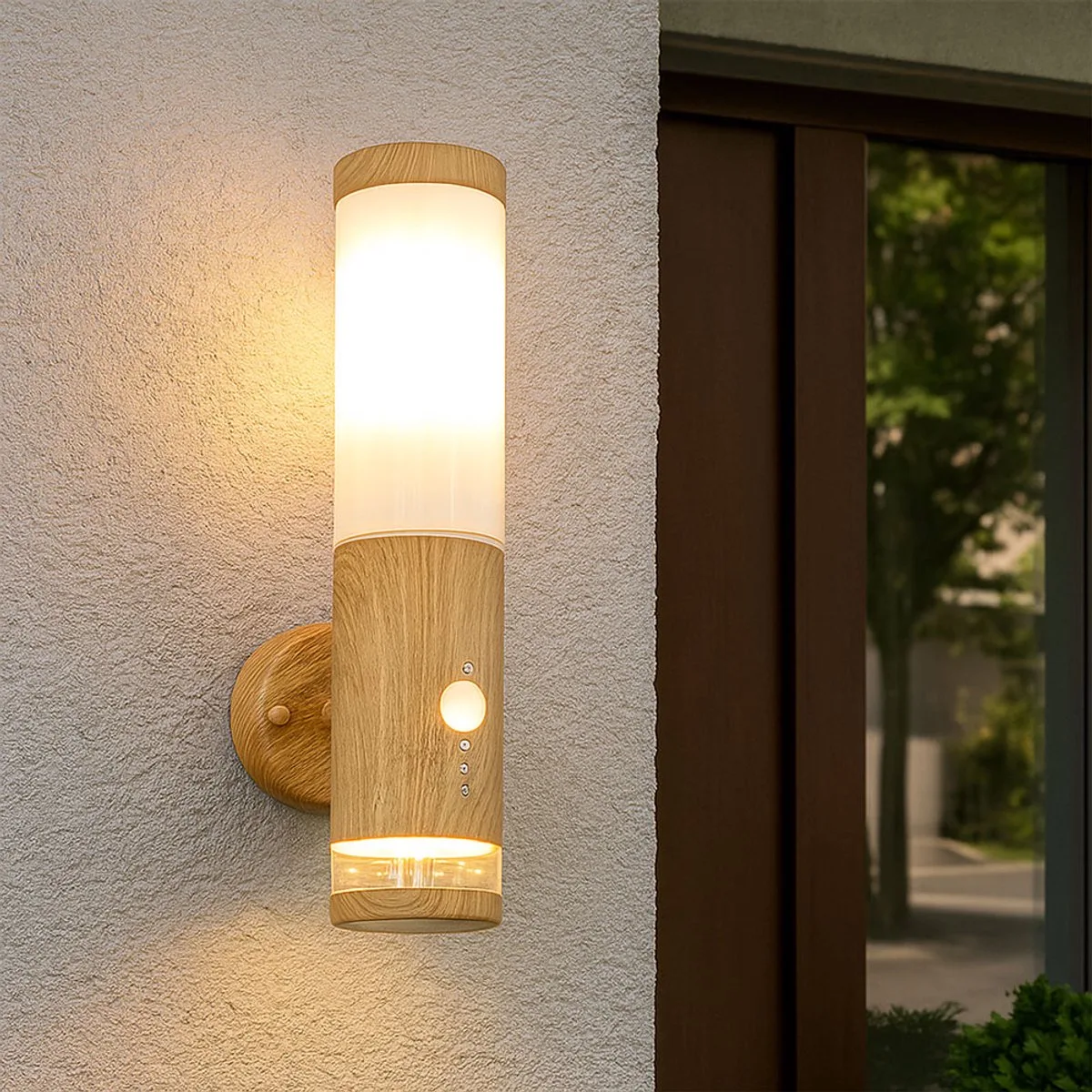 Buitenlamp bewegingsmelder roestvrij staal met bewegingsmelder Wandlamp buiten roestvrij staal, houtlook met decoratieve LED, 1x E27, BxH 8,5 x 35 cm de Globo en Marron – photo produit