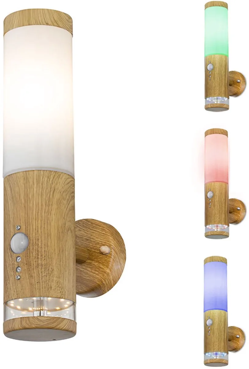 Buitenlamp bewegingsmelder roestvrij staal met bewegingsmelder Wandlamp buiten roestvrij staal, houtlook met decoratieve LED, 1x E27, BxH 8,5 x 35 cm fra Globo i Brun – produktbillede
