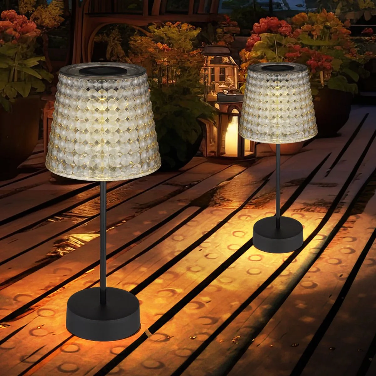 Buitenlamp solarlamp tafellamp LED tuinlamp kristallen lamp rookkleurig. kunststof, oplaadbare batterij IP44, 3000K warm wit, set van 2, H 29 cm van Globo in Zwart – productfoto