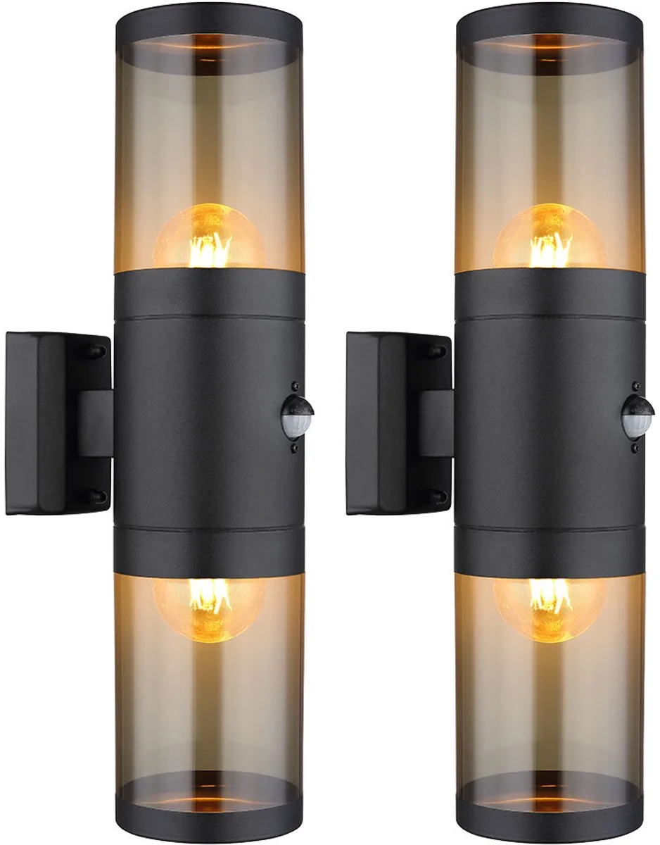 Buitenlamp wandlamp met bewegingsmelder tuinlamp gevelverlichting, op en neer schijnwerper, roestvrij staal, zwarte rook, 2x E27, DxH 10,2x42 cm, set van 2 de Globo en Noir – photo produit