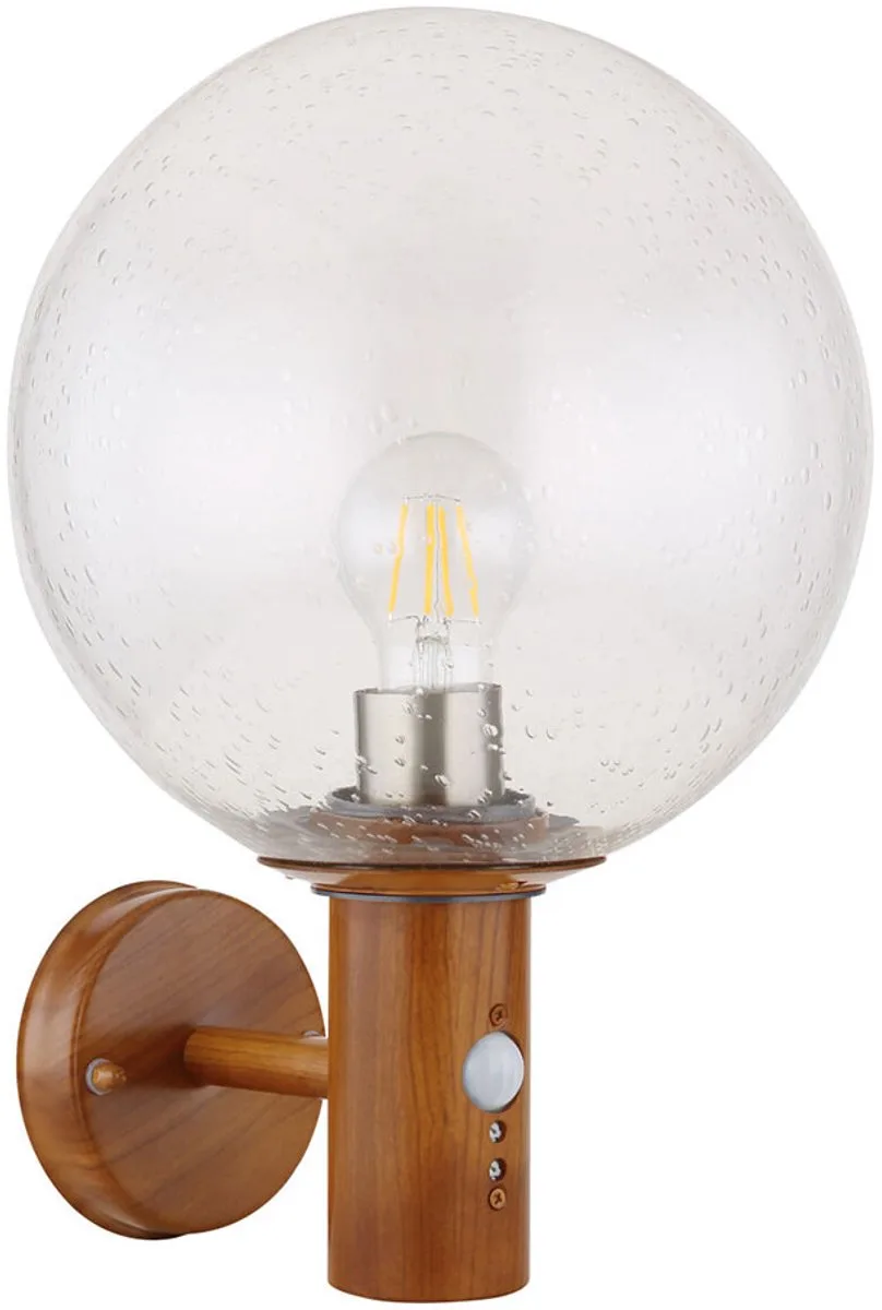 Buitenlamp wandlamp met bewegingsmelder tuinlamp RVS gevelverlichting, helder glazen bol houtlook, 1x E27, DxH 25x37 cm by Globo in Brown – product photo
