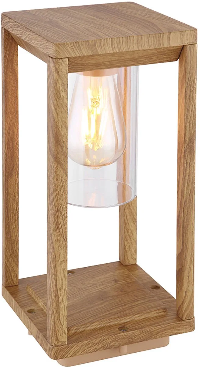 Buitenlantaarn Houten buitenlamp met schemersensor Weerbestendig IP44, aluminium kunststof, 1x E27 fitting, LxBxH 15x15x35 cm fra Globo i Brun – produktbillede