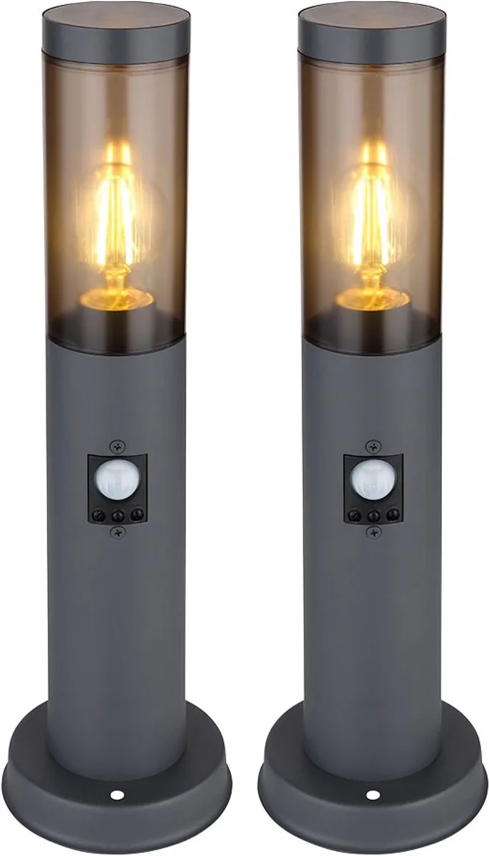 Buitenverlichting Staande lamp rook buiten met bewegingsmelder Tuinlamp, metaal kunststof, 1x E27, DxH 7,6x45 cm, set van 2 de Globo en Anthracite – photo produit
