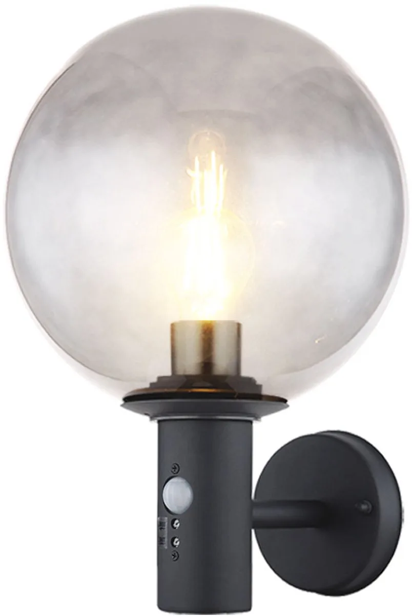 Buitenwandlamp LED wandlamp met bewegingsmelder Gevellamp, roestvrij staal glazen bol rook, 7W 806lm warm wit, LxBxH 26,5x25x37 cm de Globo en Anthracite – photo produit