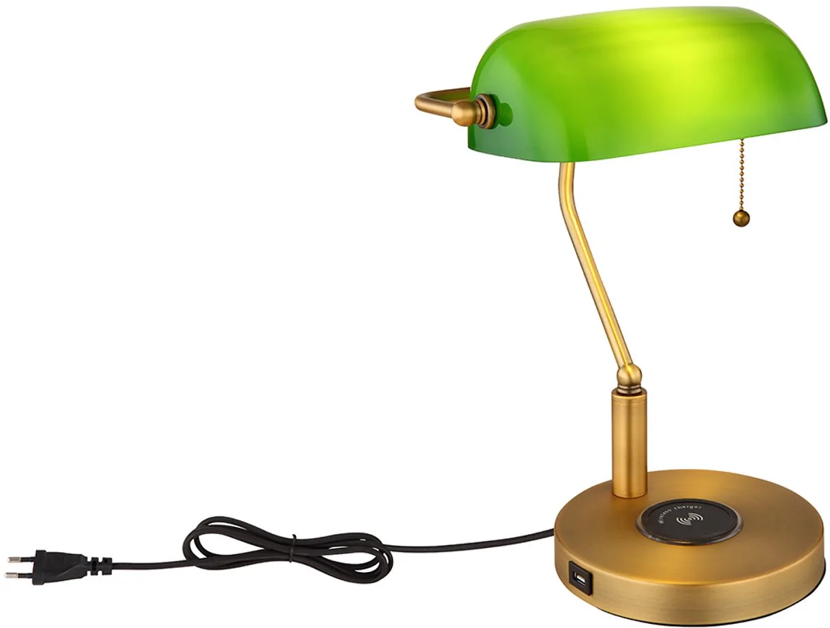 Bureaulamp Bankerlamp Tafellamp antiek glas groen Leeslamp, draadloos opladen USB-aansluiting, trekschakelaar, 1x E27, LxH 26,5x36 cm fra Globo i Messing – produktbillede