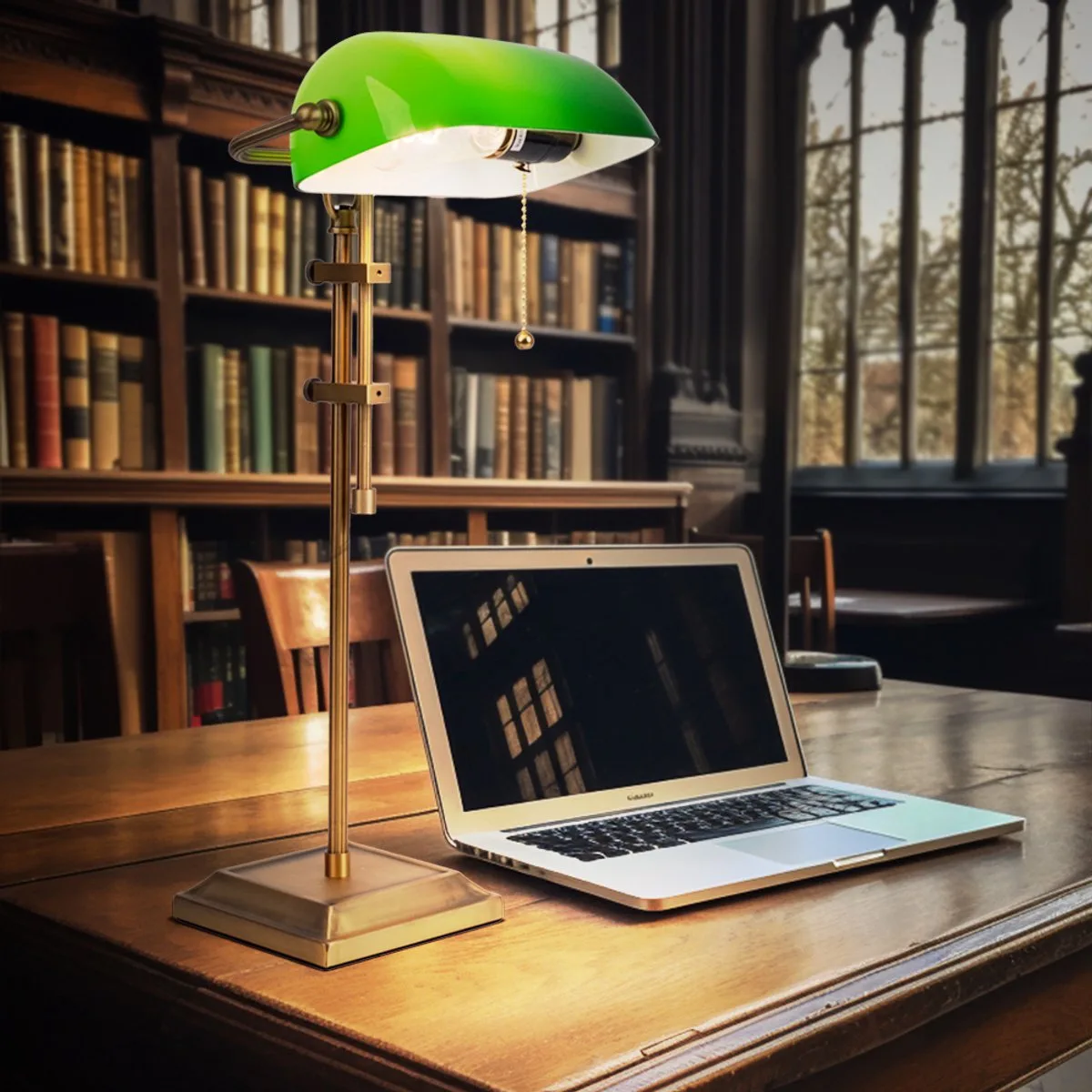 Bureaulamp Bankerlamp Tafellamp antiek messing glas Leeslamp in hoogte verstelbaar, trekschakelaar, 1x E27, LxH 26,5x56 cm von Globo in Grün – Produktfoto