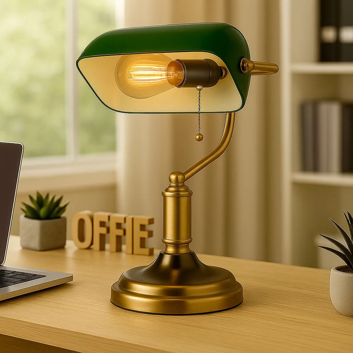 Bureaulamp Bankerlamp Tafellamp antiek messing glas Leeslamp, draaibare kap, trekschakelaar, 1x E27 fitting, LxH 26,5x36 cm fra Globo i Grøn – produktbillede