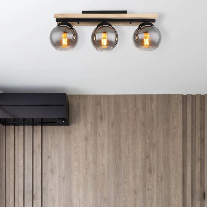 Conni plafondlamp, lengte 60 cm, rookgrijs, hout/glas, 3-lamps. de Globo en Rookgrijs-transparant, Licht hout, Zwart mat – photo produit