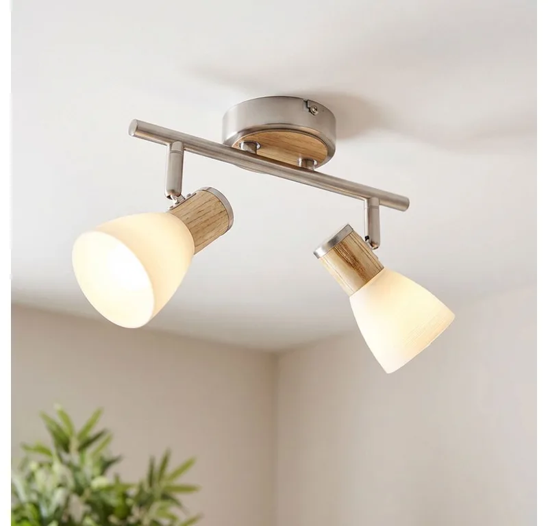 Deckenleuchte, Leuchtmittel nicht inklusive, Deckenleuchte 2 flammig Holz Glas Metall Deckenstrahler Deckenlampe de Globo en Argent – photo produit