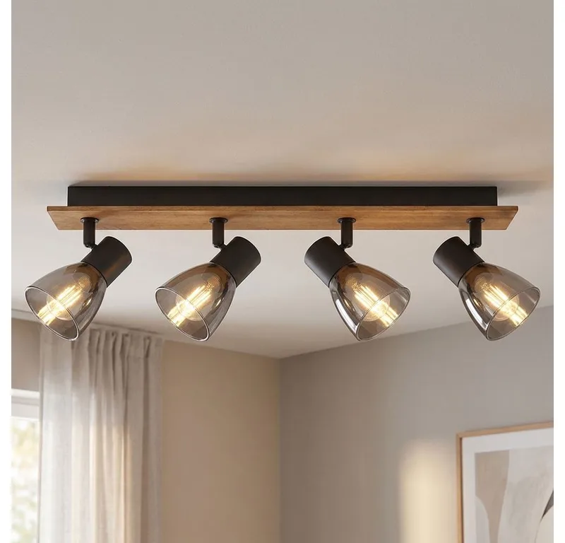 Deckenspot, Leuchtmittel nicht inklusive, Spotleuchte Deckenlampe 4 Flammig Holz Rauchglas beweglich de Globo en Noir – photo produit