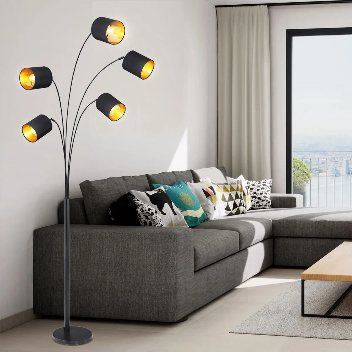 Design vloerlamp 5 vlammen textielen kappen goud draaibare vloerlamp, voetschakelaar, 5x E14 max 40 Watt, LxBxH 74x70x204cm, woonkamer slaapkamer von Globo in Schwarz – Produktfoto