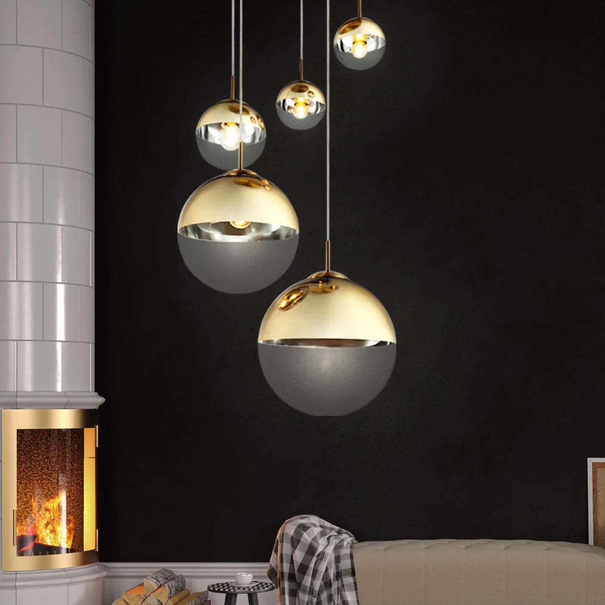 Dimbare hanglamp met afstandsbediening Eettafel lamp 5 vlammen LED hanglamp glas 5x 4.8W 5x 470lm warm wit, DxH 65 x 120 cm fra Globo i Guld – produktbillede