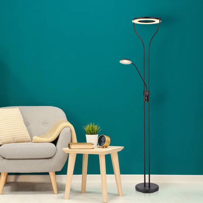 Ebro LED uplighter met LED leeslamp, dimbaar van Globo in Zwart, Gesatineerd – productfoto