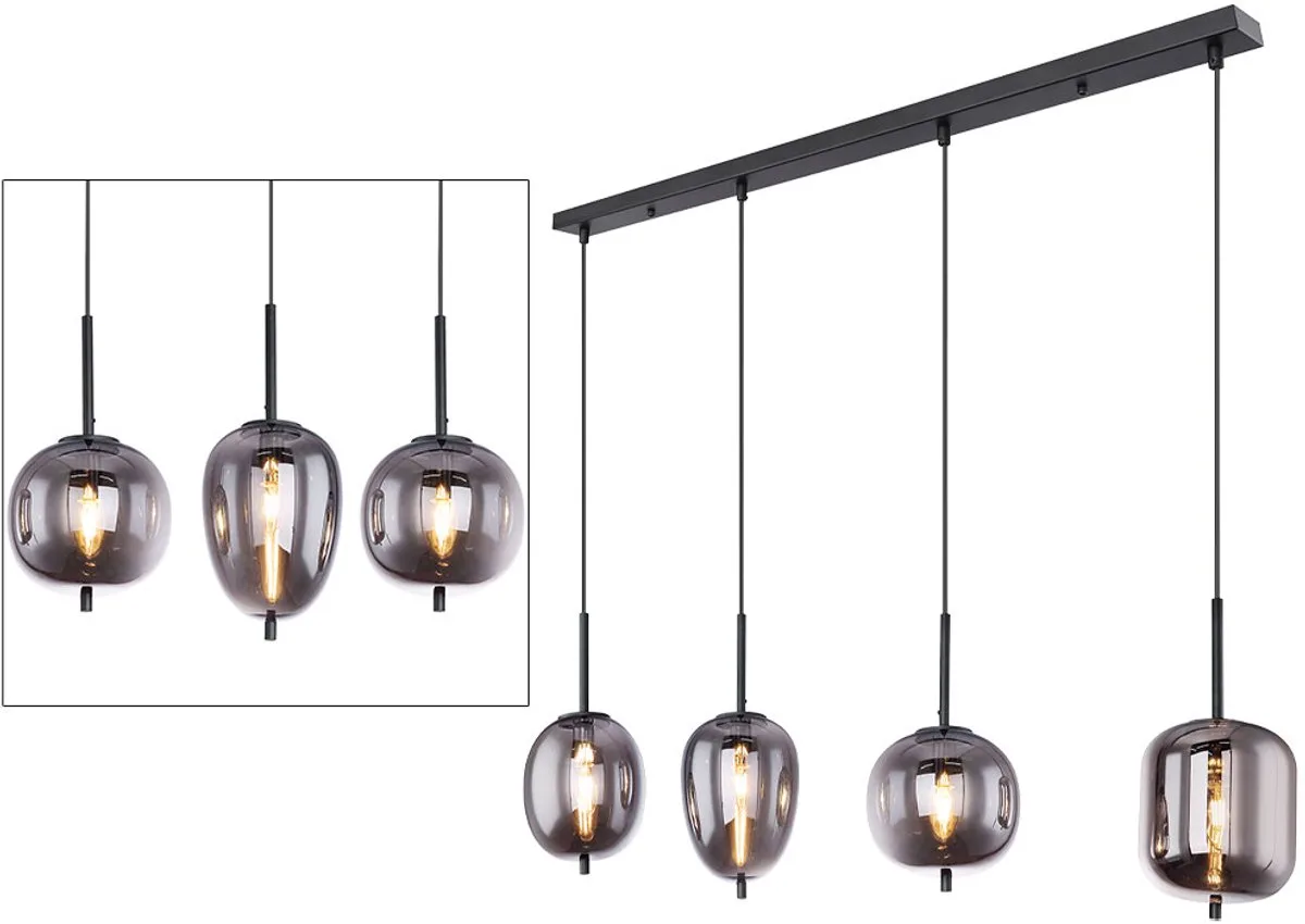 Eetkamer hanglamp Woonkamer hanglamp Lamp, 4 vlammen, metaal glas smoke-kleurig, 4x LED, LxH 120x100 cm de Globo en Gris – photo produit